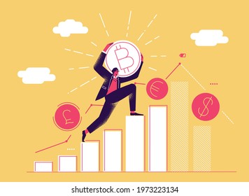 Cryptocurrency exchange vector concept. Man takes bitcoin and climbs chart. Currency exchange, online banking, payment by cryptocurrency. Vector illustration.