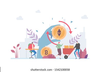 Cryptocurrency Exchange Vector Illustration Concept Showing a businessman buying bitcoin and ethereum, 