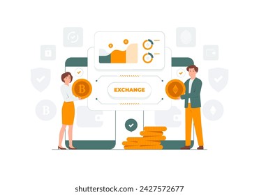 Cryptocurrency exchange, virtual cash transaction, crypto blockchain concept illustration