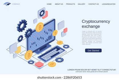 Cryptocurrency exchange, virtual money, digital trading modern 3d isometric vector concept illustration. Landing page design template