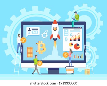 Cryptocurrency exchange. Web banner of blockchain technology, new start up with financial innovation, cryptocurrency mining, digital money market with tiny businessmen holding bitcoin and dollar sign