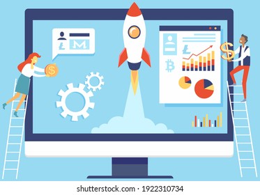 Cryptocurrency exchange. Web banner of blockchain technology, new start up with financial innovation, cryptocurrency mining, digital money market with tiny businessmen holding bitcoin and dollar sign