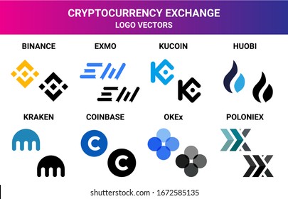 cryptocurrency exchanges logos multicolored and monochrome binance, coinbase, poloniex, OKEx, huobi, kucoin, kraken, exmo EPS 10