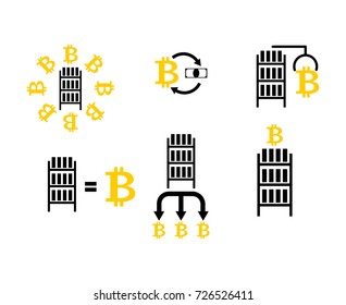 Cryptocurrency Extraction and exchange set icon. Mining bitcoin farm icon. Racks of GPU symbol. Vector illustration