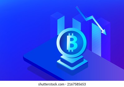 ฺ Bitcoin, Criptodivisa bajando el precio de la flecha, Crisis financiera, pérdida de dinero en el mercado digital de valores bursátiles ilustración vectorial de la inversión