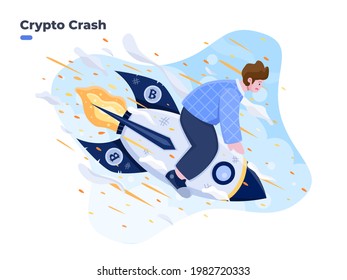 Cryptocurrency falling down illustration. Crypto crash 2021. Bitcoin rocket crash. Crypto price collapse. Cryptocurrency volatility price roaring fast and fall down causing investor huge loss. 