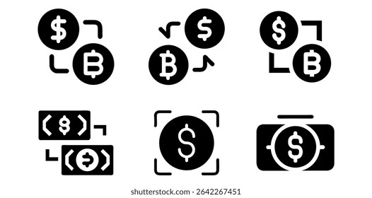 Cryptocurrency and Fiat Currency Exchange Icons, Bitcoin and Dollar Exchange Icons, black and white icons depicting various exchanges between Bitcoin and US dollar currencies, app, website, business.