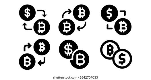 Criptomoeda e moeda Fiat Ícones de câmbio, Bitcoin e Dollar Ícones de câmbio, preto e branco ícones que representam várias trocas entre Bitcoin e moedas de dólar americano, aplicativo, site, negócios.