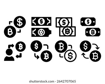 Cryptocurrency and Fiat Currency Exchange Icons, Bitcoin and Dollar Exchange Icons, black and white icons depicting various exchanges between Bitcoin and US dollar currencies, app, website, business.