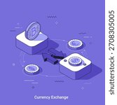 Cryptocurrency and fiat currency exchange process. Digital cash trading with Bitcoin, Ethereum, Euro, and Dollar coins. Online finance concept. Isometric vector illustration in thin line style