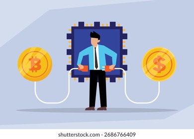 Concepto de intercambio y conversión de criptomonedas a Fiat con Ilustración vectorial plana 2d de hombre de negocios y procesador