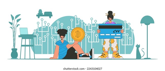 Cryptocurrency and fiat exchange management concept. People interact with bitcoin.