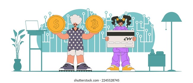 Cryptocurrency and fiat exchange management concept. A team of people interact with crypto assets.