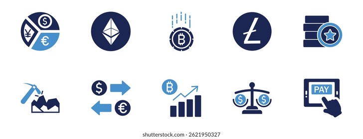 Cryptocurrency Finance Icon Set .Bitcoin, Ethereum, Litecoin, Exchange, Mining, Growth, Balance, and Digital Payment Icons for Blockchain and Fintech Design