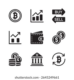 Criptomoeda e ícone financeiro definido em preto e branco