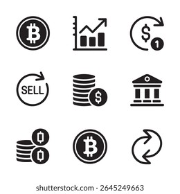 Cryptocurrency and finance icons in a simple monochrome style