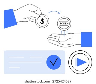 Criptomonedas, finanzas, sistemas de pago, blockchain, seguridad de transacciones, billetera digital. Mano intercambiando moneda de dólar por token. Criptomonedas y finanzas con transacciones seguras