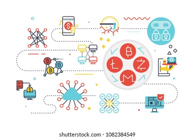 Cryptocurrency financial concept illustration with line icons