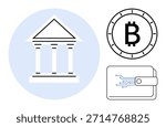 Cryptocurrency, financial technology, blockchain, banking, digital assets, payment systems. Minimalist icons of a bank, Bitcoin symbol and digital wallet. Cryptocurrency and financial technology