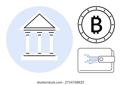 Criptomoeda, tecnologia financeira, blockchain, bancos, ativos digitais, sistemas de pagamento. Ícones minimalistas de um banco, símbolo Bitcoin e carteira digital. Criptomoeda e tecnologia financeira