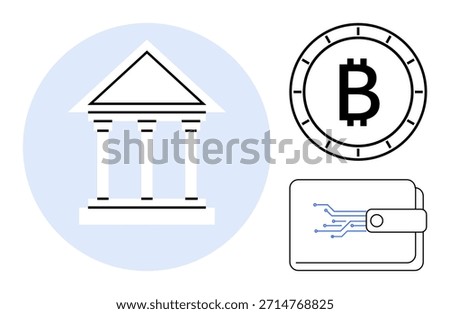 Cryptocurrency, financial technology, blockchain, banking, digital assets, payment systems. Minimalist icons of a bank, Bitcoin symbol and digital wallet. Cryptocurrency and financial technology