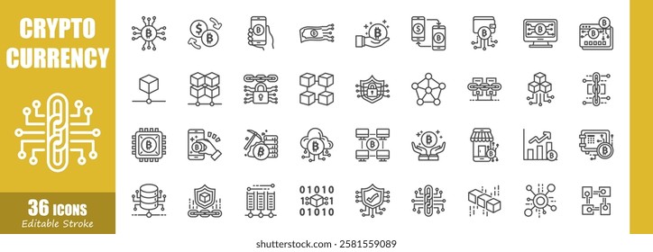 Cryptocurrency . Financial technology outline icon collection . Editable stroke . Vector .