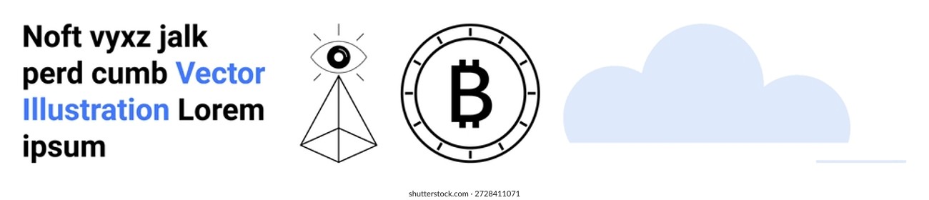 Criptomoeda, fintech, blockchain, moeda digital, computação em nuvem, futurismo. Logotipo Bitcoin, pirâmide ocular e ícones de nuvem em um fundo branco mínimo. Criptomoeda e fintech em destaque