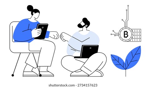 Criptomonedas, fintech, tecnología blockchain, trabajo en equipo remoto, finanzas digitales, colaboración en línea. Dos personas usando computadoras portátiles y tabletas mientras discutían. Concepto de criptomoneda y fintech