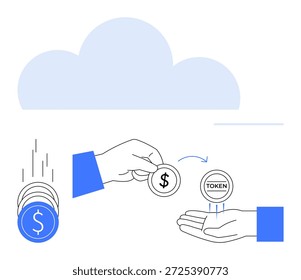 Criptomonedas, fintech, almacenamiento en la nube, pagos digitales, blockchain, intercambio de tokens. Una mano que sostiene y pasa tokens de moneda bajo un icono de nube. Conceptos de criptomonedas y fintech