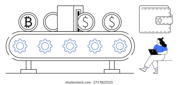 Criptomonedas, fintech, billeteras digitales, tecnología blockchain, transacciones en línea, participación de los usuarios. Un transportador convierte monedas con mecanismos de engranajes. Conceptos de criptomonedas y fintech