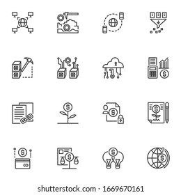 Cryptocurrency and fintech line icons set. linear style symbols collection, outline signs pack. vector graphics. Set includes icons as blockchain, virtual crypto currency, digital money mining