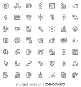 Cryptocurrency and fintech line icons set. linear style symbols collection, outline signs pack. Blockchain technology vector graphics. Set includes icons as bitcoin, crypto exchange, digital wallet