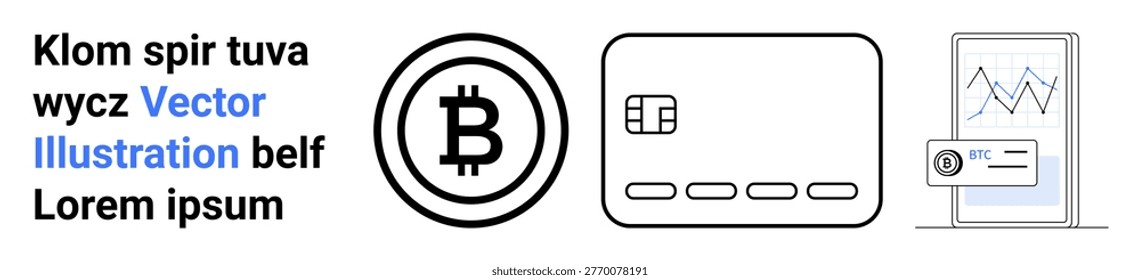 Cryptocurrency, fintech, online transactions, blockchain, virtual payment methods, data visualization. Bitcoin symbol, credit card smartphone graph screen. Cryptocurrency and fintech concept