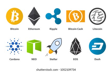 Cryptocurrency flat illustration set with bitcoin,ethereum,ripple,bitcoin cash,litecoin,cardano,neo,stellar,eos,dash virtual money vector collection over white