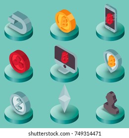 Cryptocurrency flat isometric icons. Vector illustration, EPS 10