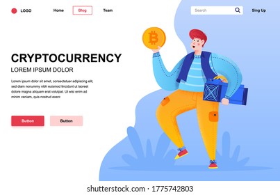 Cryptocurrency flat landing page composition. Guy holding golden bitcoin and mining farm equipment. Cryptocurrency mining and trading. Colorful people character with noise texture vector illustration.