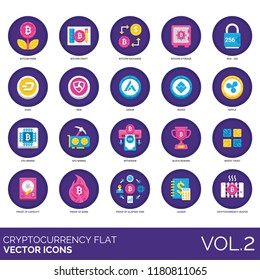 Cryptocurrency flat vector icons. Bitcoin farm, craft, exchange, storage, sha 256, cpu, gpu mining, withdraw, block reward, invest trust, capacity, proof of burn, elapsed time, ledger, heater.
