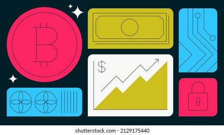 Cryptocurrency flat vector illustration. Bitcoin with going up graph, graphic card for mining, security sign and microchip. Bitcoint prices rise concept. Simple colourful cartoon design.