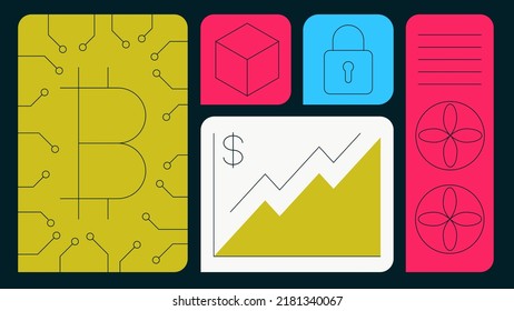 Cryptocurrency flat vector illustration. Bitcoin with going up graph, graphic card for mining, security sign and microchip lines. Bitcoint prices rise concept. Simple colourful cartoon design.