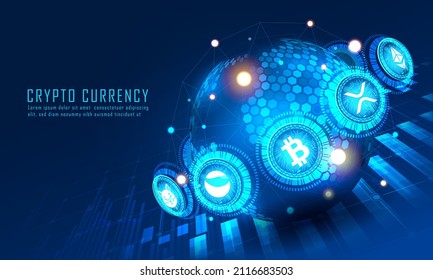 Cryptocurrency flying around futuristic global with trading indicators. vector illustrator