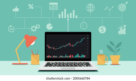 Cryptocurrency, forex, stock trade on laptop computer or notebook with icon and financial chart to buy and sell for exchange market concept, flat vector illustration