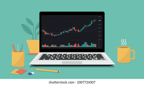 Kryptowährung, Devisen, Börsenhandel auf Laptops oder Notebooks mit Finanzkarte zum Kauf und Verkauf für das Börsenmarktkonzept, flache Vektorgrafik