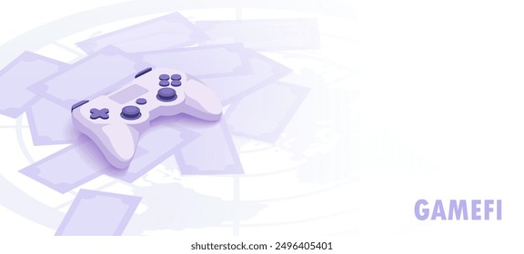 Cryptocurrency in Game Industry isometric concept. White game controller on light background. GameFi.