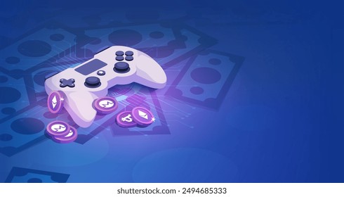 Cryptocurrency and Gaming. NFT Games. Game controller with Tokens cryptocurrency on blue background.