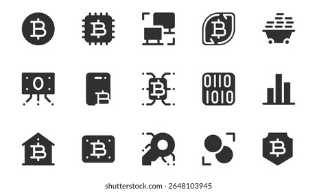 Pacote de ícones de glifos de criptomoedas para web design. Sólido ícone com bitcoin, cripto moeda, câmbio de moeda virtual, finanças, blockchain, mineração, banco e mais pictogramas. Ilustração vetorial.