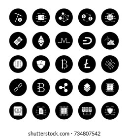 Cryptocurrency glyph icons set. Mining business. E-currency. Vector white silhouettes illustrations in black circles