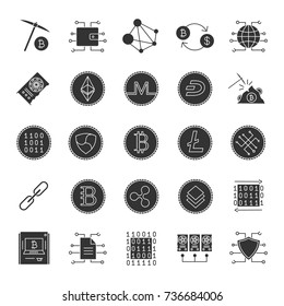 Cryptocurrency glyph icons set. Mining business. E-currency. Silhouette symbols. Vector isolated illustration