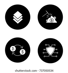 Cryptocurrency glyph icons set. Stratis coin, mining, bitcoin exchange, cyber security. E-currency. Vector white silhouettes illustrations in black circles