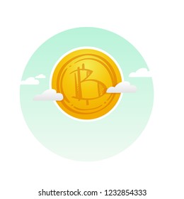 Cryptocurrency gold Bitcoin hovering in the sky behind white clouds. Vector image on white background.