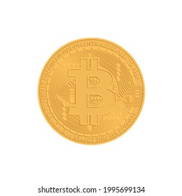 Cryptocurrency gold coin with gold bitcoin symbol on the obverse, isolated on white background. Blockchain technology. Use for logos, print products, page and web decor or other design. Vector